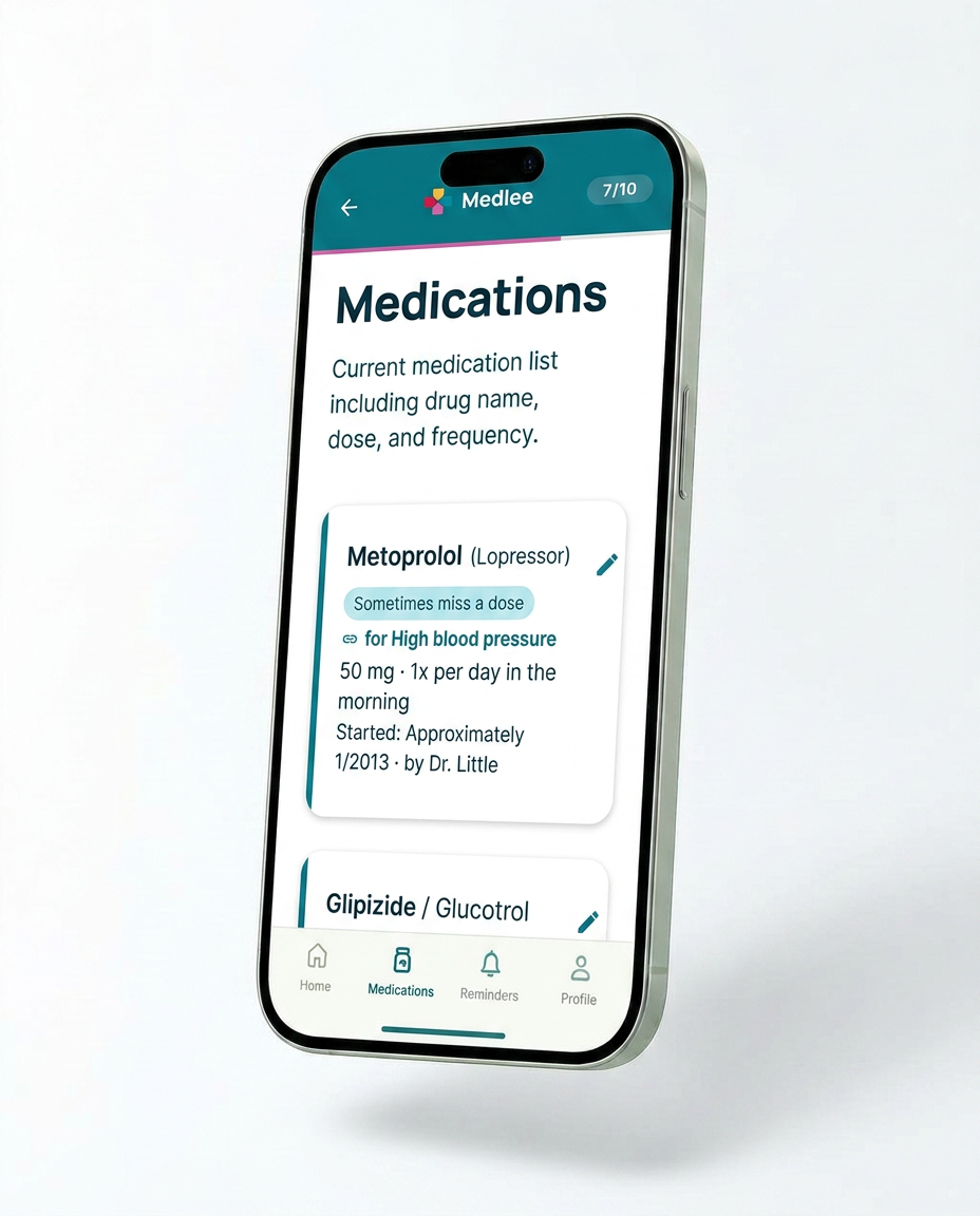 Medlee mobile app showing today's medications and reminders