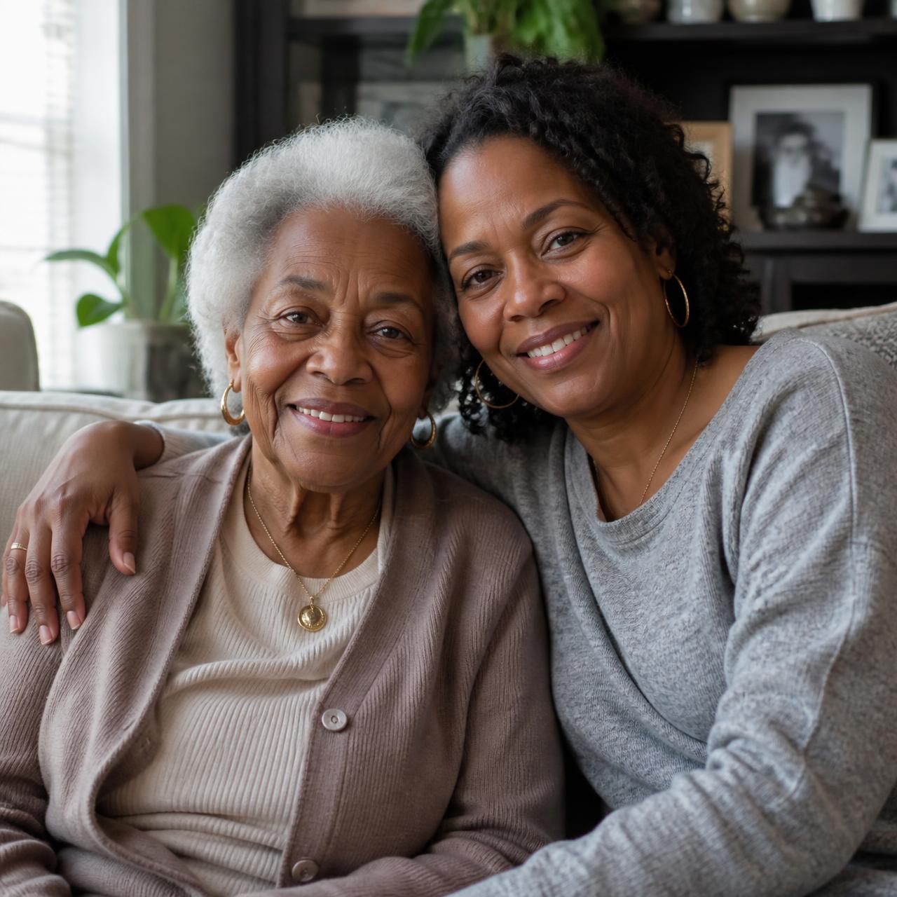 An adult daughter with her aging mother at home